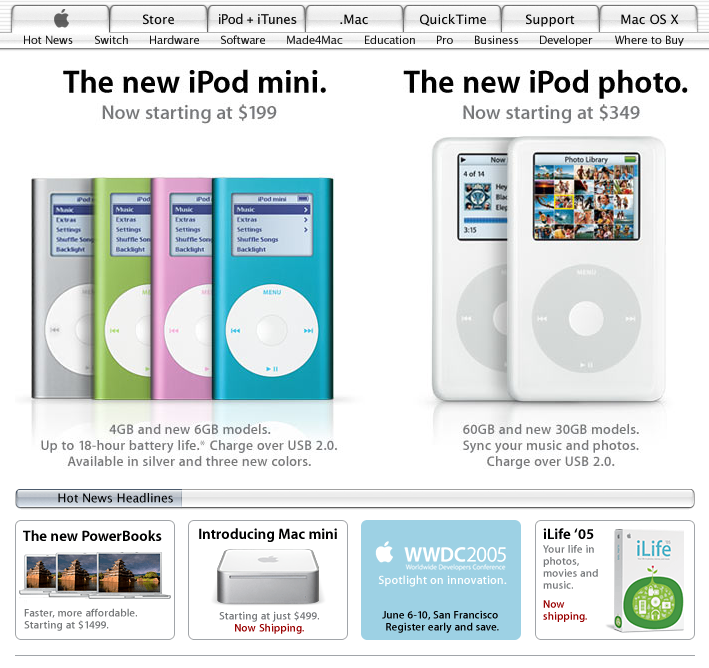 Apple.com homepage with iPod mini and iPod photo (2005)